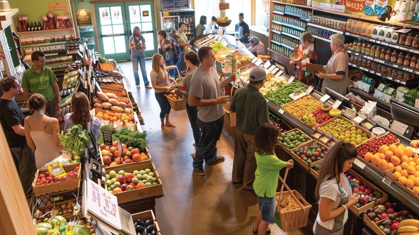 Fresh organic vegetables and fruits displayed at a farmers' market.