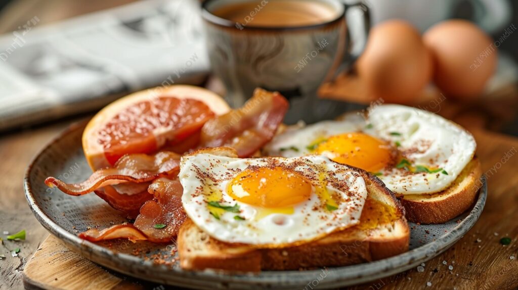 A plate of keto-friendly foods like avocado, eggs, and bacon.