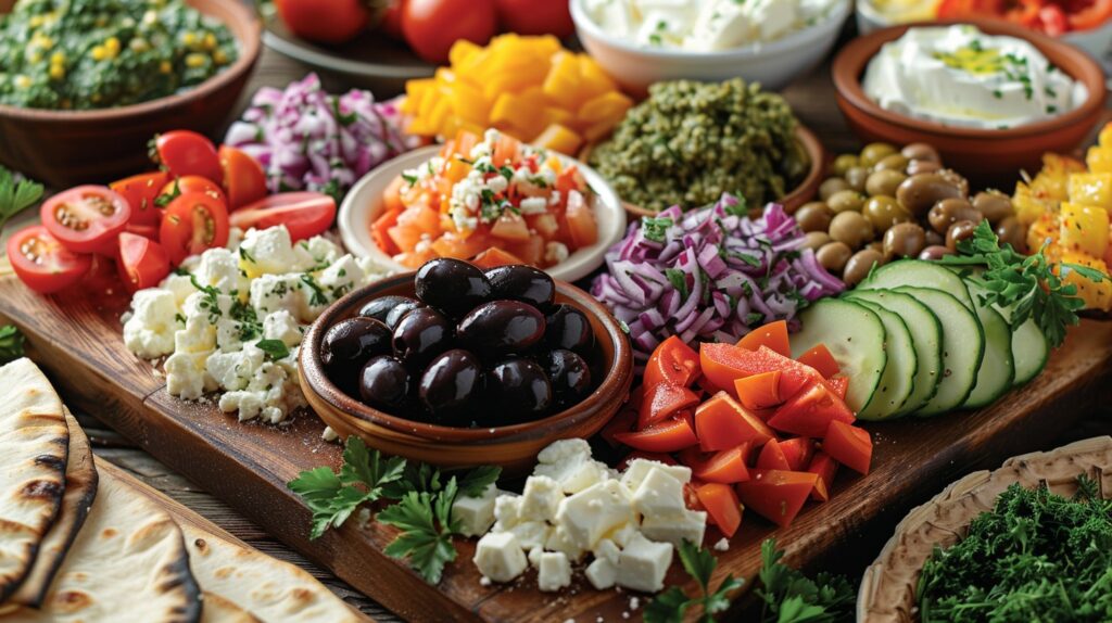 A Mediterranean platter with fruits, vegetables, and whole grains