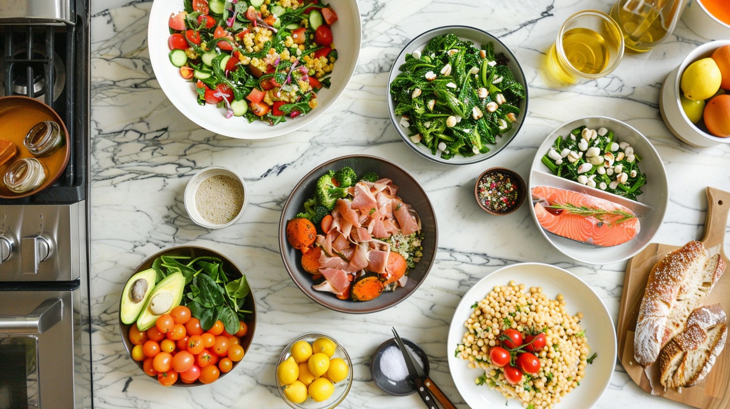 Healthy and balanced meal with a variety of colorful fruits, vegetables, grains, and proteins arranged on a plate, representing a balanced diet for improving optimal health