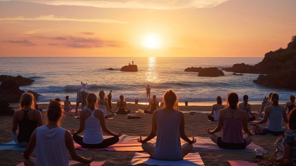 A group of people practicing yoga for quick relaxation techniques in a serene outdoor setting