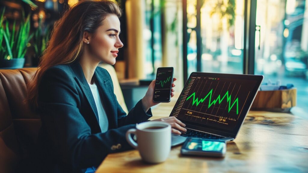 A focused businesswoman multitasking in a café, showcasing effective time management tips by analyzing financial data on a laptop and smartphone simultaneously, demonstrating ways to manage time efficiently.