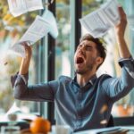 Young man experiencing stress in a modern office with papers flying around.