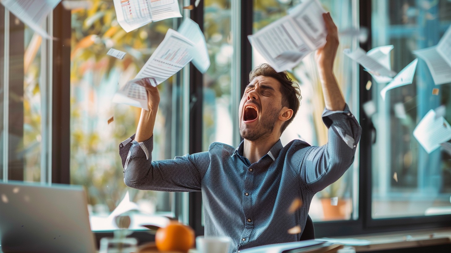 Young man experiencing stress in a modern office with papers flying around.