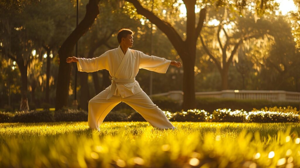 Man practicing Tai Chi outdoors as a quick relaxation technique.